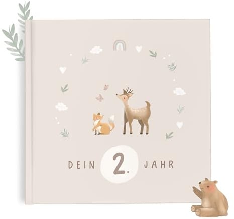 mintkind® Babyalbum zweites Lebensjahr Hardcover Babytagebuch zum Eintragen Erinnerungsbuch und Fotoalbum Baby Geschenkidee für Jungen und Mädchen liebevoll gestaltetes Babybuch Beige