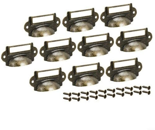 10er-Set antik-bronzefarbene Schubladengriffe mit Namensschildhalter, Muschelgriff für Schränke, Kommoden und Apothekerschränke, Lochabstand 57 mm, Eisenmaterial