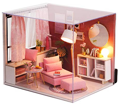 DIY Miniature Dollhouse Kit 3D DIY Miniature Greenhouse Kit Pink Mini House Making Kit with Furniture LED Lights Christmas Children's Day Birthday Gift with Dust Cover