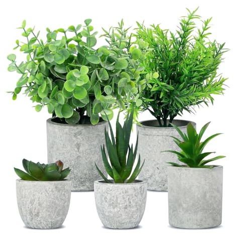 MANTYSIN 5 Piezas Plantas Artificiales Decorativas (Romero, Eucalipto, Suculentas) - Realistas en Macetas | Planta Artificial Pequeña, Fáciles de Cuidar para Baño, Oficina, Sala de Estar, Cocina