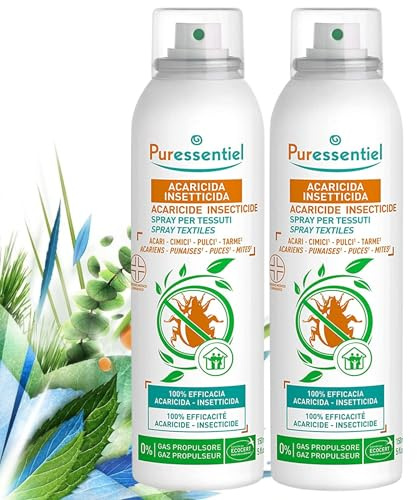 Set 2x150ml Acaricida Spray Insetticida Tessuti Presidio Medico | A base di geraniolo 100% vegetale contro acari, cimici e pulci. Non macchia i tessuti, lascia un Profumo fresco e gradevole.