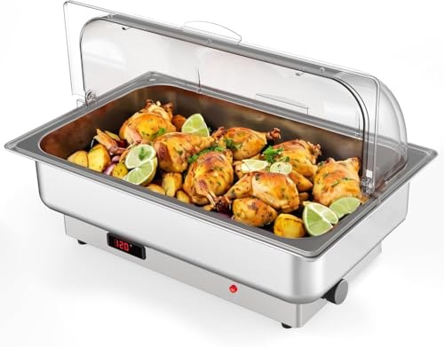 GarveeMore Elektrischer Chafing Dish 600W, Edelstahl Warmhaltebehälter Mit PC-Rolltop-Deckel, Buffet Wärmer 220V EU-Stecker, Elektrisches Speisenwärmegerät Für Catering Party Gastronomie