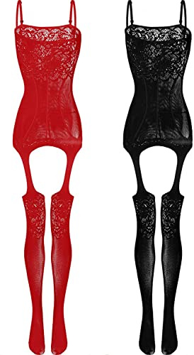 LOVELYBOBO 2-Pack Damen Unterwäschen Reizwäsche Netz Strumpfhose Bodystockings Jumpsuit Frauen Bodysuit Nachtwäsche Dessous (schwarz+rot)