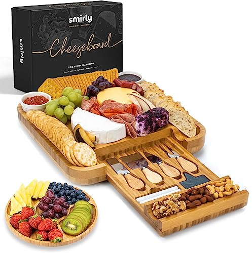 SMIRLY Set tagliere e coltelli per formaggi: vassoio di salumi in legno 13 x 13 x 2 pollici per vino, formaggio, carne