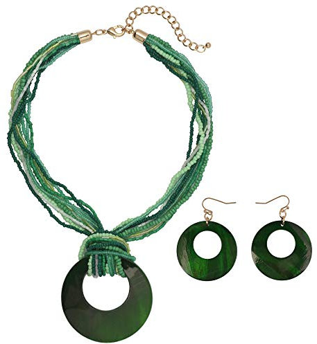 Mehrreihige bunte Perlen-Halskette mit großem Kreis-Muschel-Anhänger für Frauen (N0055-Dark Green)