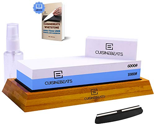CUISINEBEATS Whetstone 1000/6000 Kitchen Knife Sharpening Stone Set - White Blue - 7 Inches x 2.33 Inches x 2 Inches - 2.2 Pounds - Corundum - Knife Sharpener