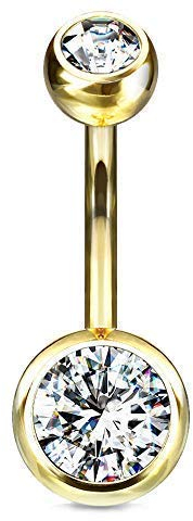 viva-adorno 1 Stück Bauchnabel Piercing Banane Titan G23 Bananabell Doppel Kristall Kugeln Zirkonia Z323, Gold/klar 1,6 x 10 x 5+8