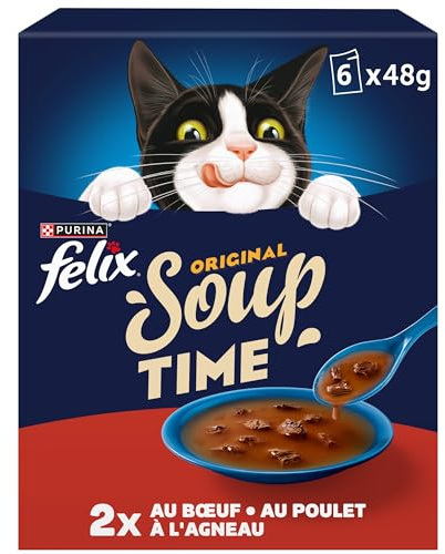 FELIX | Soup Original | Soupes en sachets pour Chat Adulte | Aliment Humide | Au Boeuf, Poulet et Agneau | Sachet Fraîcheur | Lot de 8 (6 x 48g)