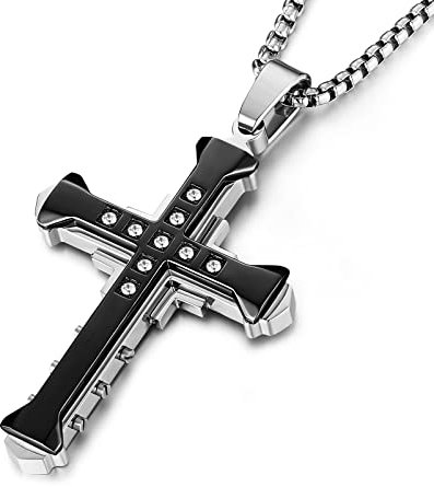 HZMAN Large Cross Necklace for Men Stainless Steel Retro Cubic Zirconia Byzantium Cross Necklace Pendant Jewelry Gift (Black)