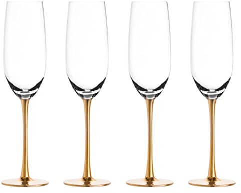 Sparkleware Set of 4 Metallic Gold Glass Champagne Flutes/Glasses - Toasting Flutes for Wedding or Birthday Celebration (Gold Stems)