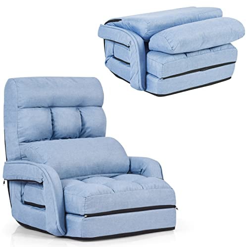 RELAX4LIFE Klappsofa klappbar, Bodensofa Schlaf- & Liegefunktion, Einzelsofa mit Armlehne & Rückenkissen, Klappsessel verstellbar, Bodenstuhlsofa gepolstert, Liegesessel Haus & Büro (blau)