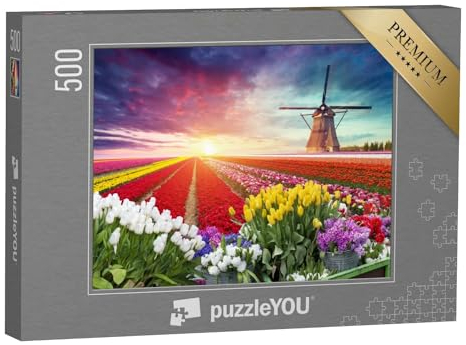 puzzleYOU: Puzzle 500 Teile „Landschaft mit Tulpen und Windmühle, Niederlande“ – aus der Puzzle-Kollektion Holland