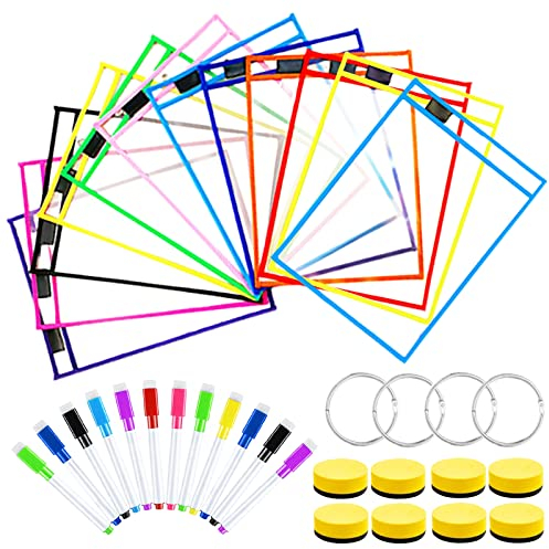 JOYBOY Dry Erase Taschen,Trocken Abwischbare Taschen,12 Farben Abwischbare Durchsichtige Tasche mit 12 Stifthalter,8 Radiergummi und 4 Metallösen,Schreibwaren Lieferungen für Büro und Schule