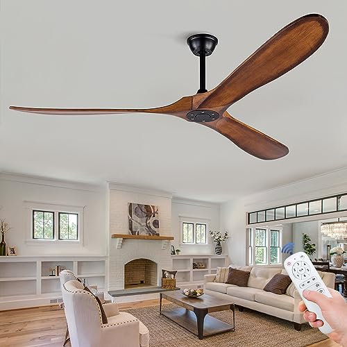 BOJUE Ventiladores de Techo Grandes de 177 cm sin Luz, Ventilador de Techo Exterior sin Luz y Control Remoto, 3 Aspas de Madera Sólida para Patios, Sala de Estar, Granja (Nuez Oscura)