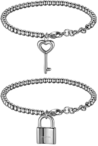 Flongo Partnerarmband BFF Ketten Freundschaftsarmband für 2 Pärchen Paar Armbänder Armreif Armkette Schloss mit Schlüssel für Männer, Frauen Geschenkideen Silber