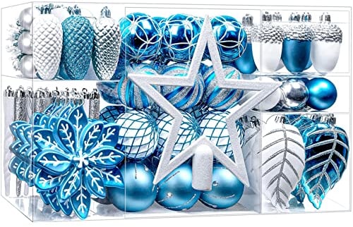 SHareconn, Set di 106 palline natalizie decorative, in plastica infrangibile, per albero di Natale, adatte come decorazioni per festività, matrimoni e feste, con ganci, colore blu, bianco e argento