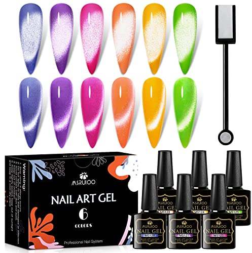 MSRUIOO Cat Eye UV Gel Nagellack Set 6 Farben Auroras Cateye Magnet UV Nagellack Glitzer Cat Eye Gel Nail Polish Set Cateye UV Gels Gellack mit 1 Magnetstiften DIY zu Hause