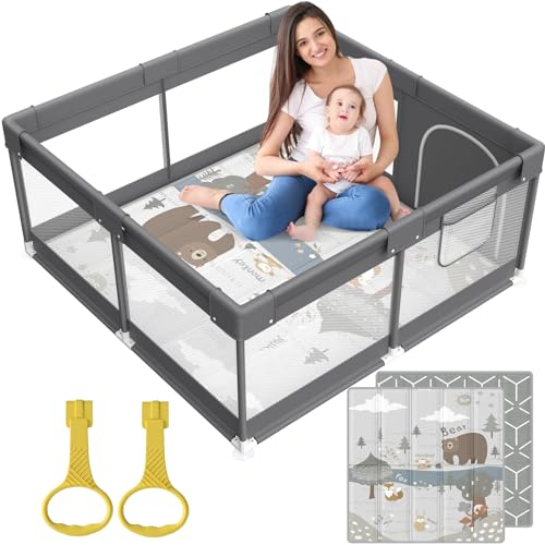 Fodoss Baby Laufgitter mit Matte,mit Matratze, Atmungsaktives Netzdesign, für die Wohnung (Laufstall mit Matte-drak gray)