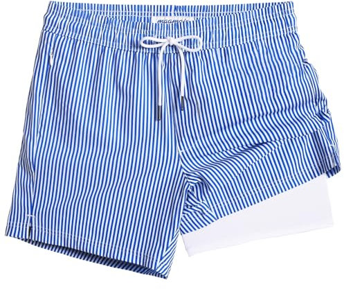 MaaMgic Maillot de Bain pour Hommes avec Compression Short de Bain 2 en 1 | 5.5 Séchage Rapide Short de Natation décontracté Boardshorts avec Pantalon intérieur et Poche,Rayures Bleu-Blanc,S