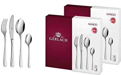 Gerlach Mango Besteck-Set 12 Personen Spülmaschinenfest Essbesteck Edelstahl Elegantes Besteck Messer Gabel Löffel Teelöffel Tafelbesteck Rostfrei 48 Stk, Silberglänzend