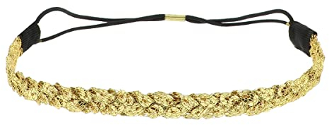 Goldenes Sequin Damen Haarband - Dünnes elastisches Hairband Einheitsgröße - Headband für die Hochzeitsfrisur oder Strass Pailletten Party - Glänzendes Stirnband Look Boho Hippie