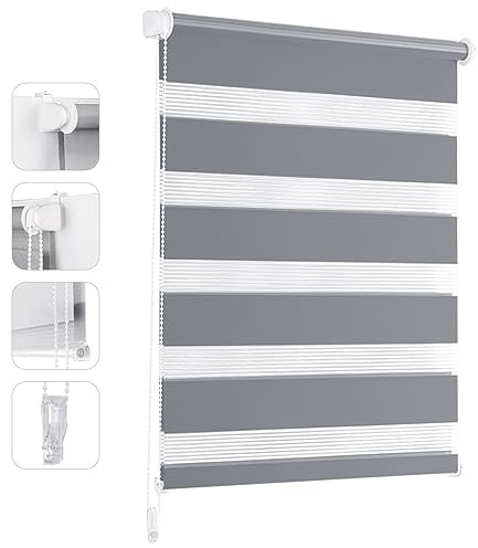 Sekey Doppelrollo Klemmfix ohne Bohren für Fenster, Doppelrollo 80 cm breit, Duo Rollo Jalousie Sonnenschutz, 80x220cm, Grau
