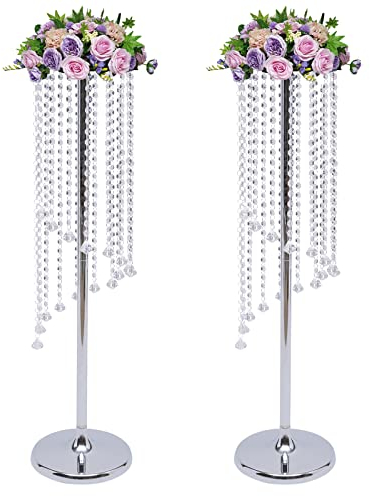 ETHEDEAL 2 unidades de soporte para flores plateadas, 90 cm de altura, jarrones de metal para fiestas, decoración de mesa elegante, mesa central de boda, con placa de metal