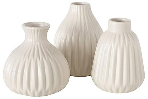 Deko Vase im 3er Set aus Keramik Mattes Design mit Rillen Höhe 12 cm Blumenvase Tischdekoration - Beige
