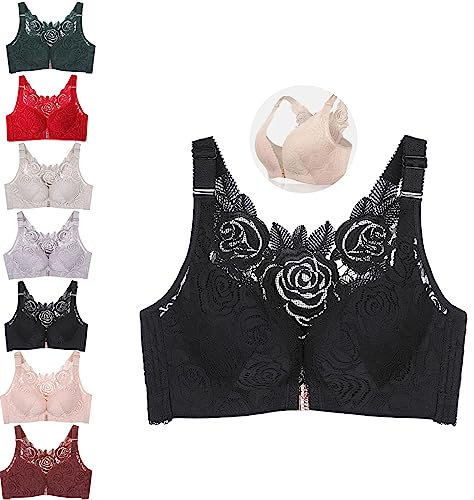 Floral Bra, Floral Comfort Rose Bra Front Closure Lace Comfy No Wire Bras, Comfortable Push up Bra (Black,36/80D)