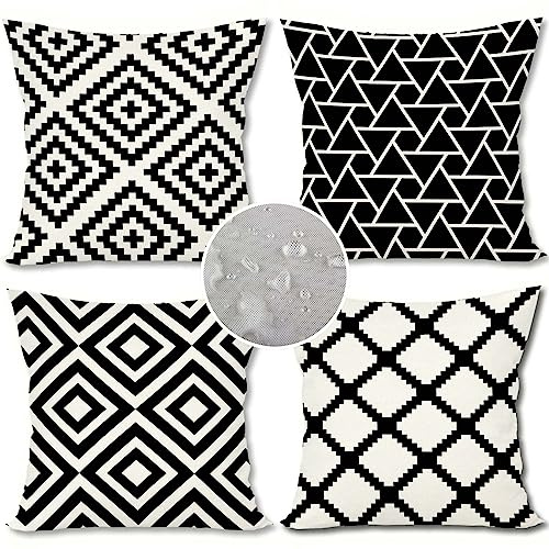 FARMNALL Schwarz-weiße Outdoor-Kissen, wasserdicht, Boho-Kissenbezüge, 45,7 x 45,7 cm, dekorative geometrische Kissenbezüge für Garten, Terrasse, Zelt, Couch, Sofa, Zuhause