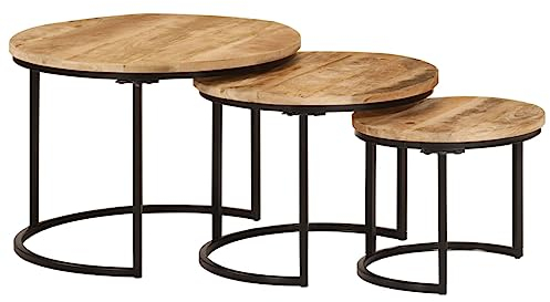 vidaXL Satztisch 3-TLG., Couchtisch Holz-Tischplatte Eisenbein, Beistelltisch für Wohnzimmer, Wohnzimmertisch, Industrie-Stil, Raues Massivholz Mango