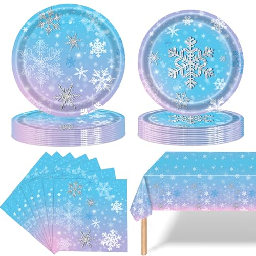 Frozen Snowflake Pappteller Dessert Set, Weihnachten Schneeflocke Winter Wonderland Einweg Geschirr Teller Servietten Tischdecke für Winter Xmas Urlaub Party Dekorationen