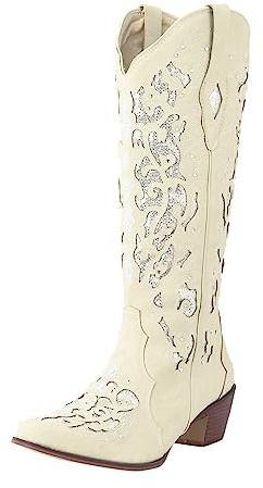 Générique Santiags Western - Stivali da donna, larghi, ricamo, a punta a punta, tacchi bassi antiscivolo, stivali alti da cowboy vintage, stivali lunghi da cowgirl da cowboy western 1, A Bianco., 40