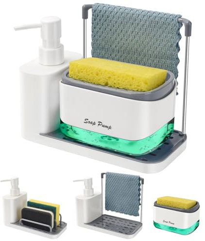 Ensemble distributeur de savon à main et vaisselle avec plateau, double distributeur de savon avec porte-éponge et porte-torchon, organiseur 5 en 1 pour évier de cuisine, comptoir de cuisine, gadgets