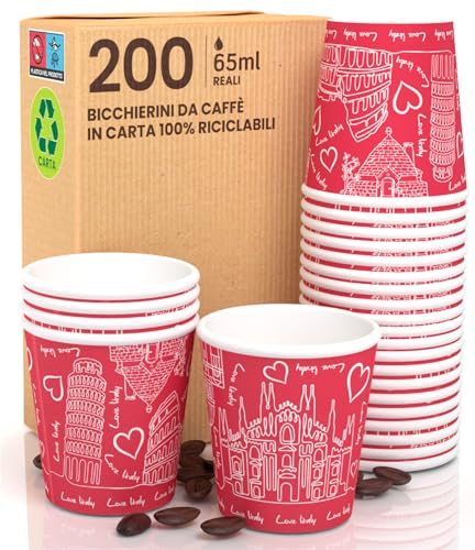 200 Paper Cups for Coffee, 65 ml, Italy Red Eco Friendly Biodegradable Disposable Small Takeaway Hot Drinks