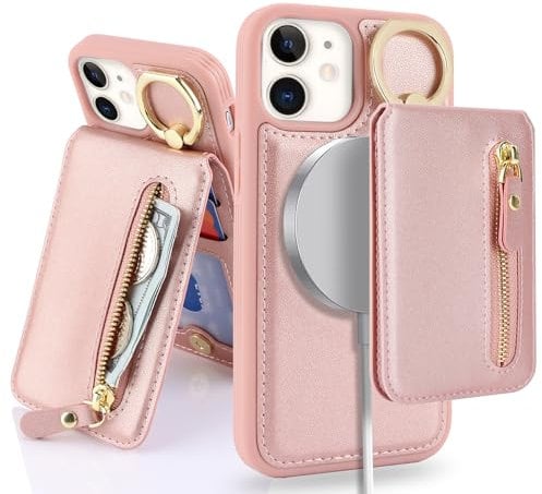 SailorTech iPhone 12 Mini Phone Leather Case with Credit Card Holder Magsafe, iPhone 12 Mini Case Ring Stand with Kickstand Card Slots Wallet Detachable 2-in-1 Zipper Case - Pink