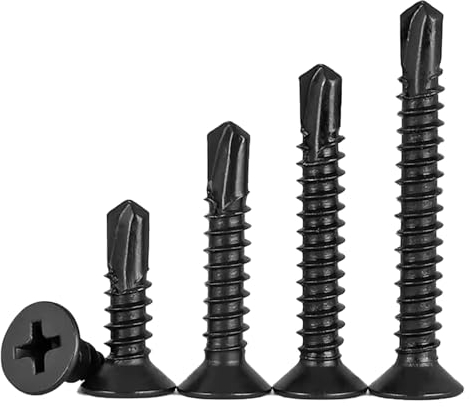 FandWay 100 Pièces M4.2 x 16mm Vis Autoperceuse à Tête Plate, Vis Autotaraudeuses à Tête Fraisée, Cruciformes en Acier Carbone Oxyde Noir Pour Tôle D'acier, Aluminium, Bois, Plastiques