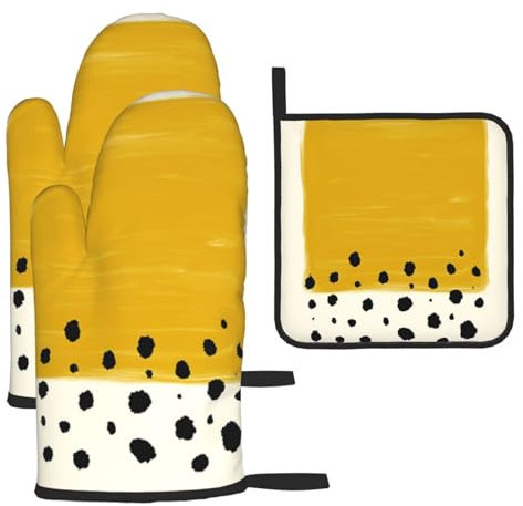 Mustard Yellow And Black Heat-Resistant Oven Gloves And Pot Holders.With Lanyard,Waterproof And Durable. Used In Kitchen,Barbecue And Baking.