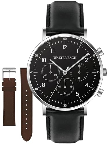 Walter Bach Herren Uhr Mit Chronograph Quarzwerk I Echtleder Armbanduhr Mit Schwarzem Ziffernblatt I 40mm Durchmesser, Gehärtetes Mineralglas, Braunes Wechselarmband I in Geschenkbox