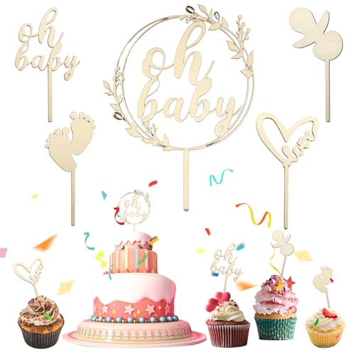Mezrkuwr 5 Stück Oh Baby Cake Topper Holz, Gender Reveal Partydeko, Kindertaufe Tortenaufsatz, Babyparty Shower Deko
