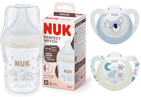 Bundle of NUK Perfect Match Baby Bottle| Anti Colic Vent | 150 ml | BPA-Free | Small Silicone Teat | Rainbow + NUK Star Baby Dummy | 0-6 Months | Day & Night Soothers | BPA-Free Silicone | 2 Count