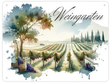 Weinberg Metallschild XL in 21x28 cm mit Spruch Weingarten Wein-Liebhaber Deko Garten Highlight Reben Motiv Trauben Anbau Charme Vinothek Ambiente Landwirtschaft Chic