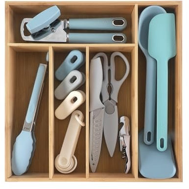 COOK WITH COLOR Bamboo Kitchen Utensil Set with Drawer Organizer | Cooking Tools and Storage Caddy, Blue, 18 Piece Gadget Set
