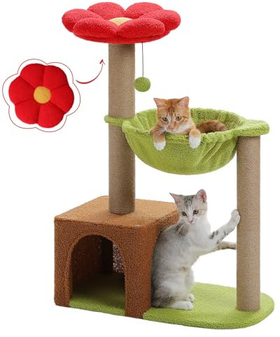 MUTTROS Flower Cat Tree with Sisal Scratching Posts, 35 Cute Cat Tower with Large Green Hammock for Small Indoor Cats, Cat Condo with Removable Flower Bed for Kittens, Brown