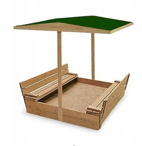 Sandkasten aus Holz mit Sitzbank Dach Sandbox 150x150 cm Sandkiste Imprägniert Grün