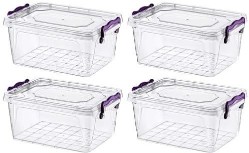 4 Pcs x 2 Liter Plastic Storage Box with Lid Clip Multipurpose Clear Rectangle Container Transparent Heavy Duty Stackable Box Ideal for Home, Office, Kitchen, Food, Toys, Closet, Animal Feed