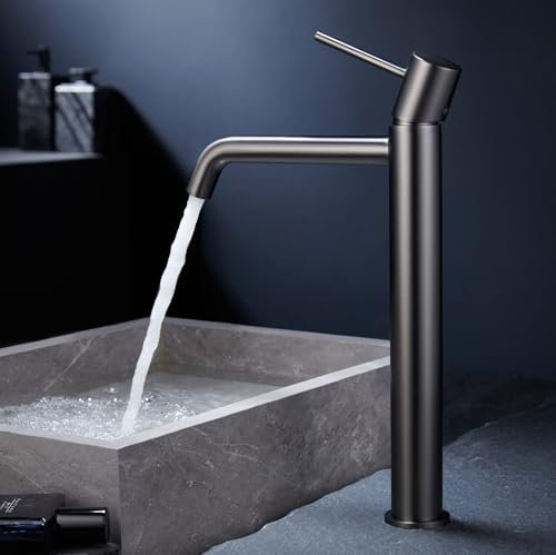 IMEX - Grifo Lavabo Caño Alto | Grifo Baño Mezclador Agua Fria y Caliente | Grifería Monomando Efeto Cascada con Caño de Latón y Ahorro de Agua | Serie Monza | Color Black Gun Metal