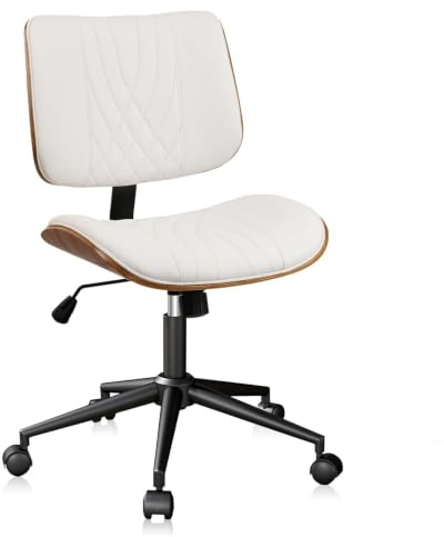 CLATINA Armlose Bürostuhl Schreibtischstuhl mit Rollen höhenverstellbarer Leder schwenkbarer Computerstuhl mit Mittelhochlehne moderner Nussbaum Stil für Homeoffice Arbeitszimmer Konferenzraum, Weiß