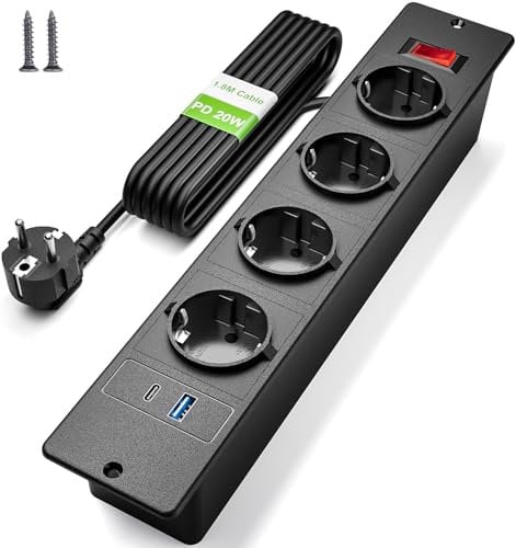 Regleta de Mesa con USB C PD20W, Enchufe Empotrable 4 Tomas con Interruptor, Regleta Empotrable con USB para Encimera, Muebles, Mesita de Noche, Cable de 2 m, Negro