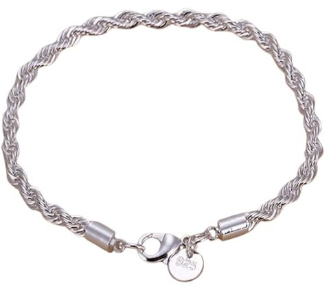 Unified Jewellery 925 Sterling Silver 4MM Rope Chain Bracelet with Heart Charm, 20CM Length, Lobster Clasp, Polished Finish 150